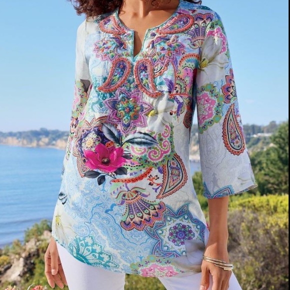 Soft Surroundings Tops - Soft Surroundings Florent Tunic Aquatic Blue Beaded Paisley Top Bright floral B
